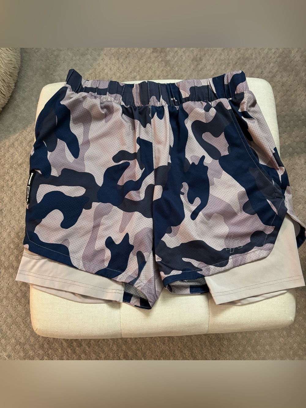 Men’s Blue Camo Active Shorts in Navy and Gray with liner